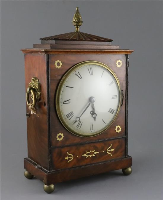 A Regency brass inset mahogany mantel timepiece, H.15.25in.